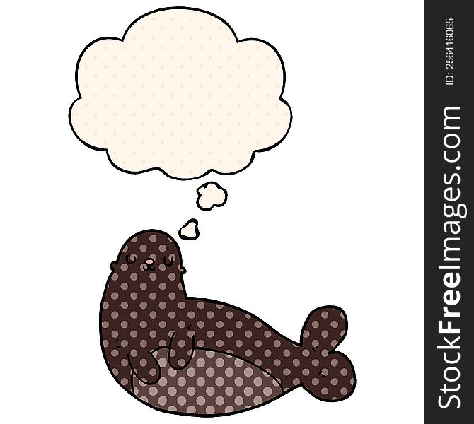 cartoon seal with thought bubble in comic book style