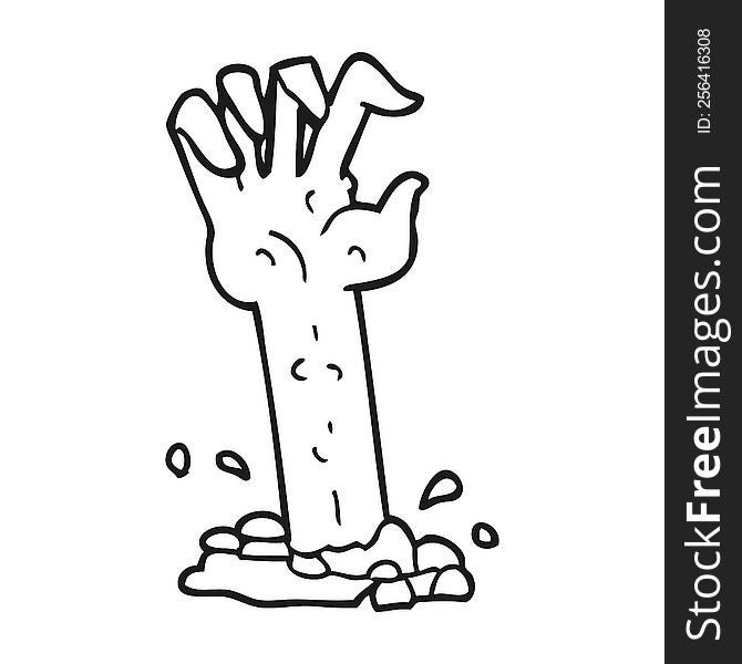 freehand drawn black and white cartoon zombie hand rising from ground