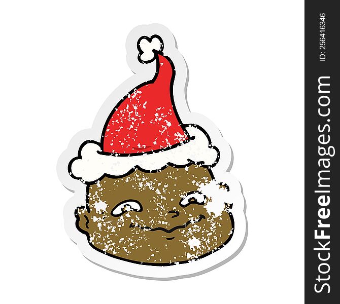Distressed Sticker Cartoon Of A Bald Man Wearing Santa Hat