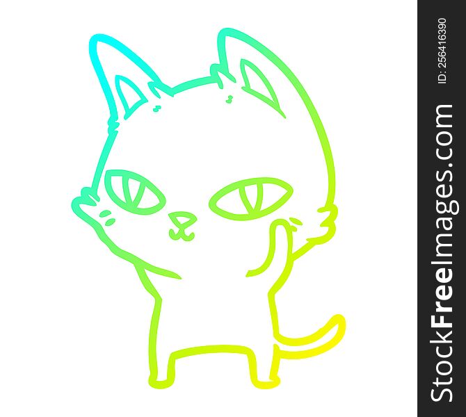 cold gradient line drawing of a cartoon cat with bright eyes