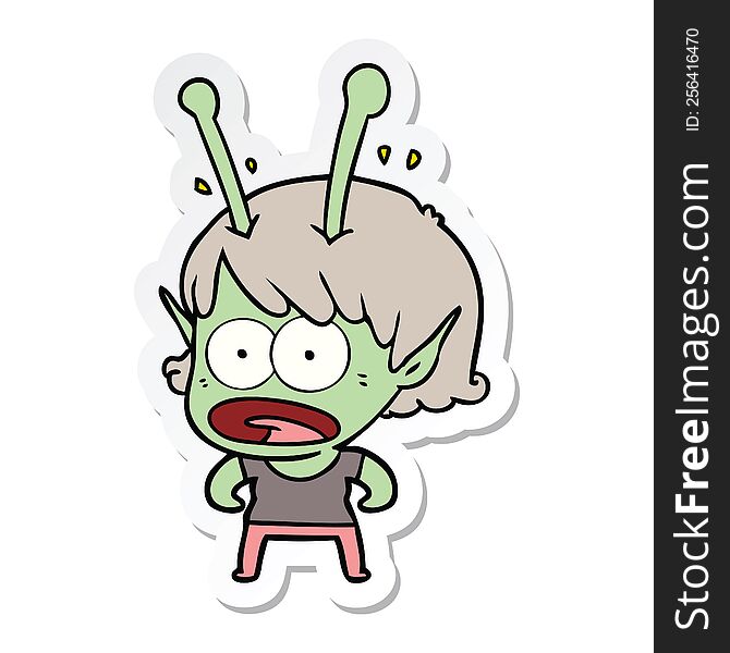 sticker of a cartoon shocked alien girl