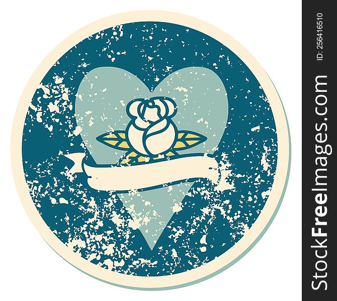Distressed Sticker Tattoo Style Icon Of A Heart Rose And Banner