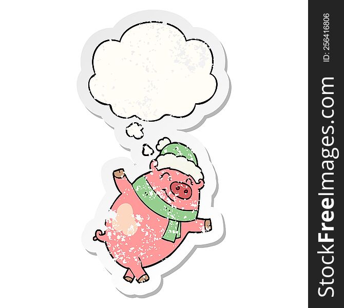 Cartoon Pig Wearing Christmas Hat And Thought Bubble As A Distressed Worn Sticker