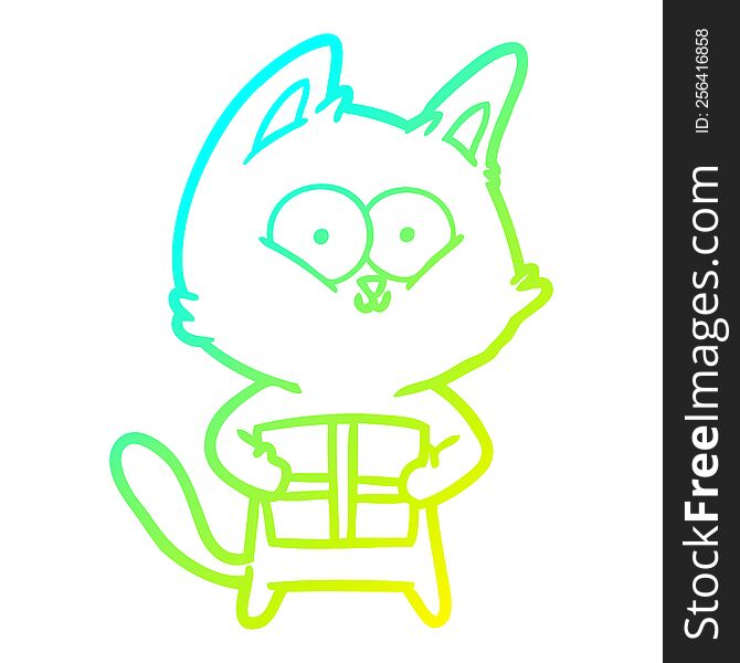Cold Gradient Line Drawing Cartoon Cat Holding Christmas Present