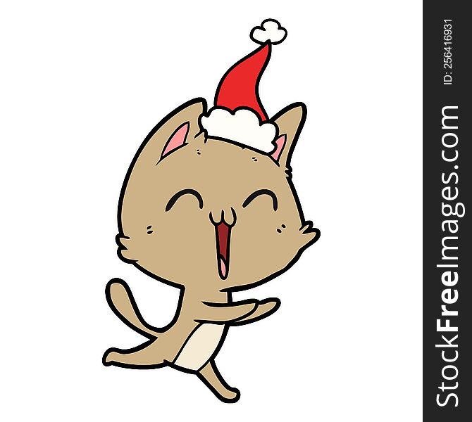 happy hand drawn line drawing of a cat meowing wearing santa hat. happy hand drawn line drawing of a cat meowing wearing santa hat