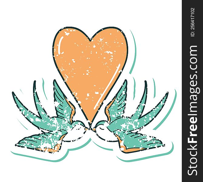 Distressed Sticker Tattoo Style Icon Of A Swallows And A Heart