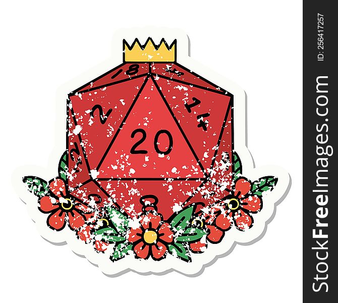 Traditional Distressed Sticker Tattoo Of A D20
