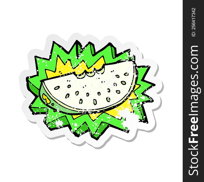 Retro Distressed Sticker Of A Cartoon Melon Slice