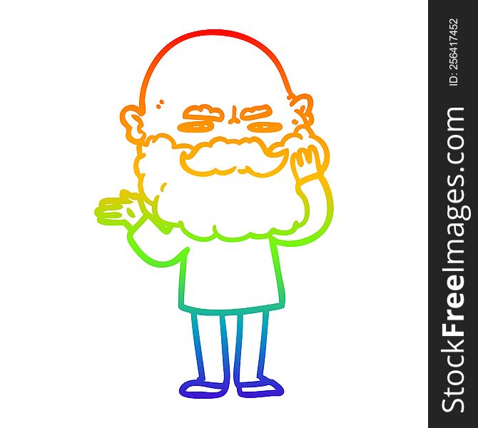 rainbow gradient line drawing of a cartoon man with beard frowning