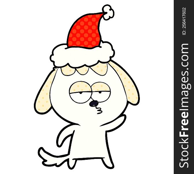 hand drawn comic book style illustration of a bored dog wearing santa hat