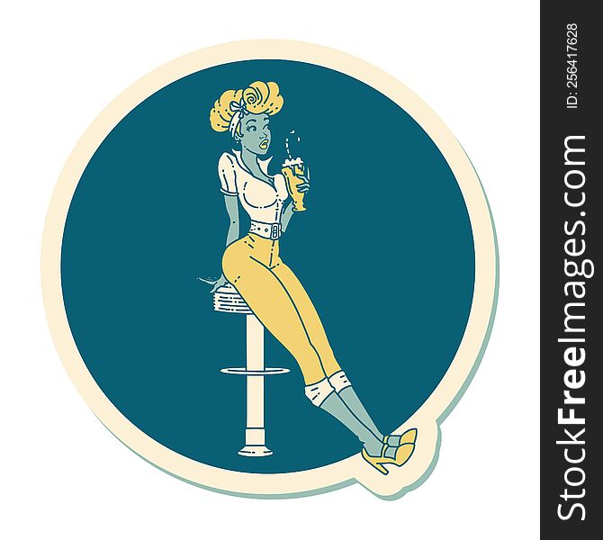 tattoo style sticker of a pinup girl drinking a milkshake