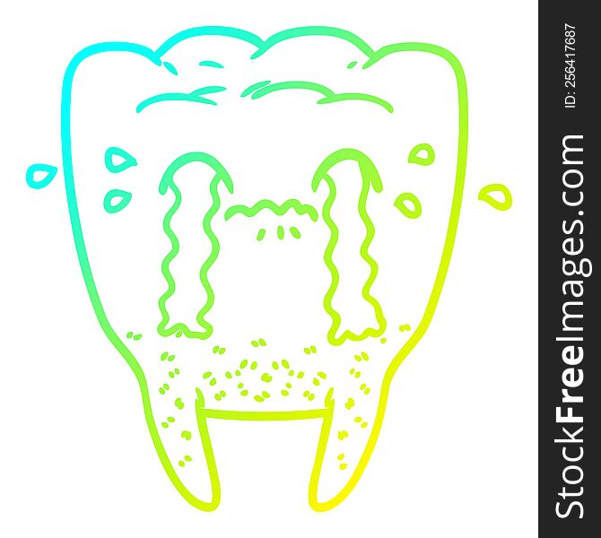 cold gradient line drawing of a cartoon tooth crying