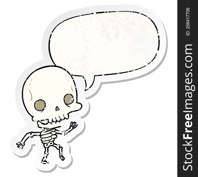 cute cartoon dancing skeleton and speech bubble distressed sticker