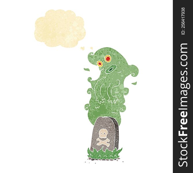 Cartoon Ghost Rising From Grave With Thought Bubble