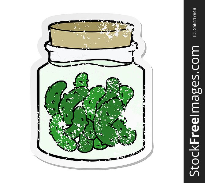 distressed sticker of a cartoon pickled gherkins