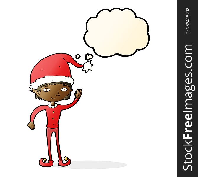 Cartoon Waving Christmas Elf With Thought Bubble