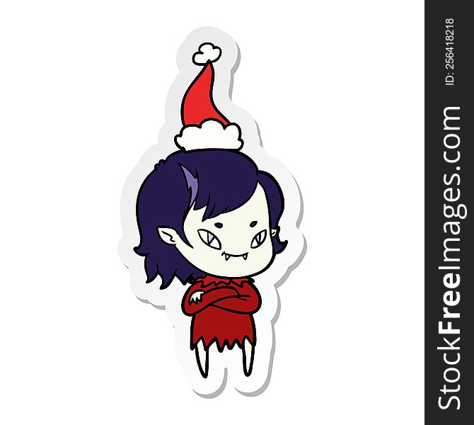 hand drawn sticker cartoon of a friendly vampire girl wearing santa hat