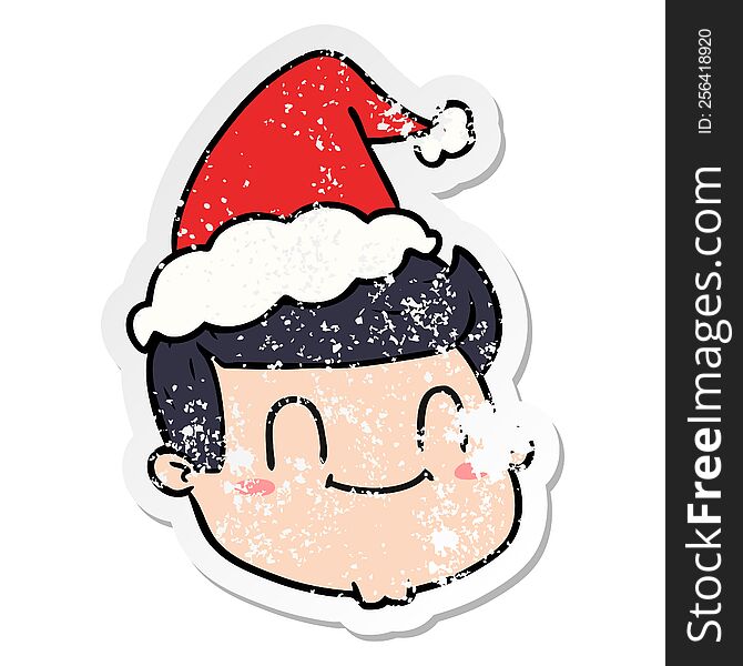 hand drawn distressed sticker cartoon of a male face wearing santa hat