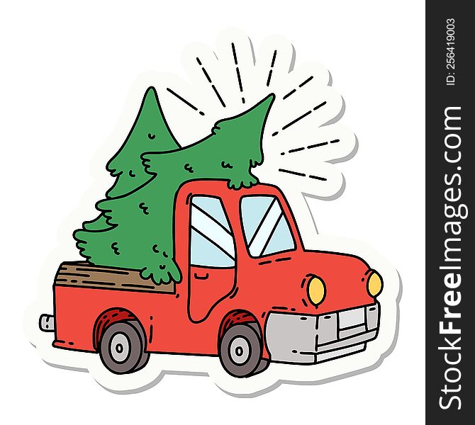 sticker of tattoo style truck carrying trees