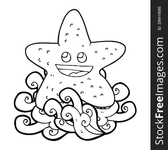 freehand drawn black and white cartoon starfish