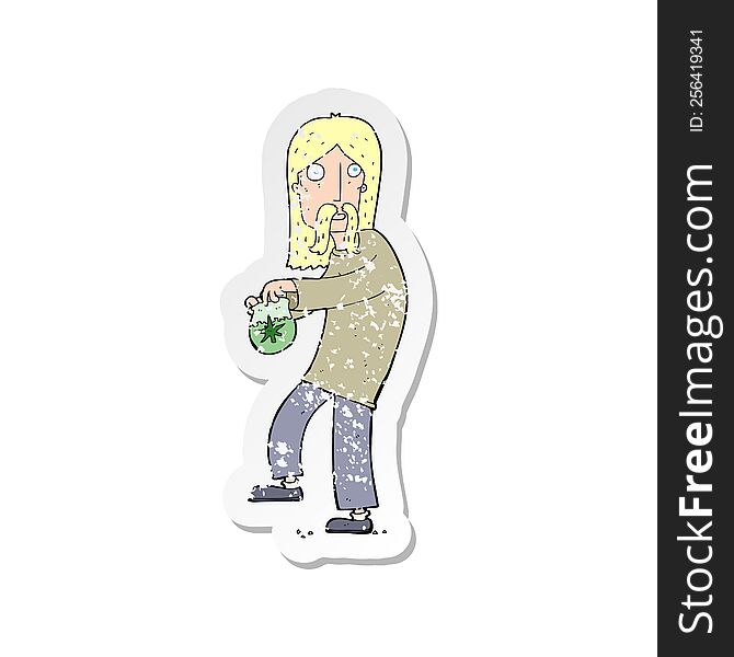 retro distressed sticker of a cartoon hippie man with bag of weed