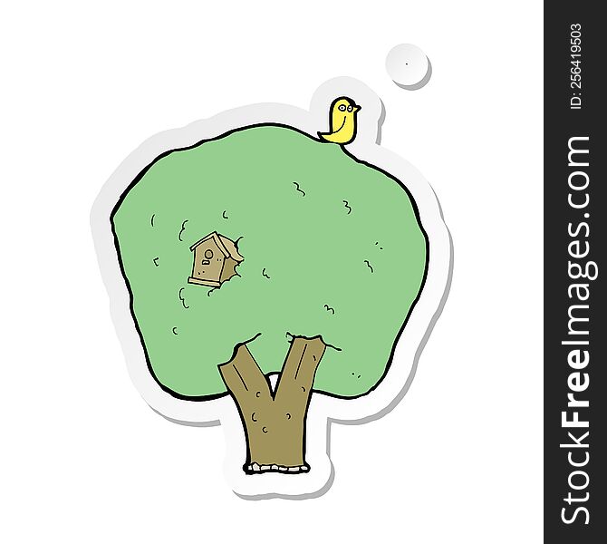 Sticker Of A Cartoon Tree With Birdhouse