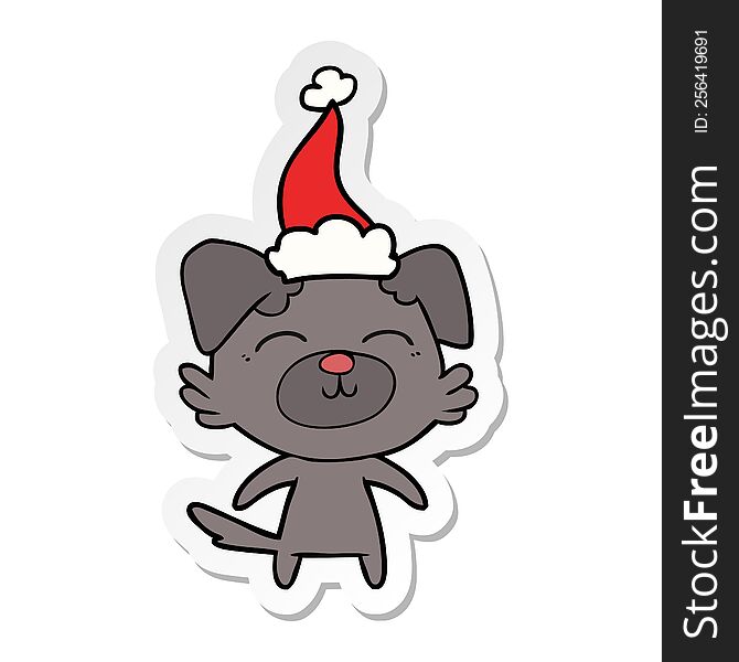 Sticker Cartoon Of A Dog Wearing Santa Hat