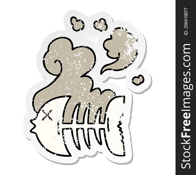 distressed sticker of a quirky hand drawn cartoon dead fish skeleton