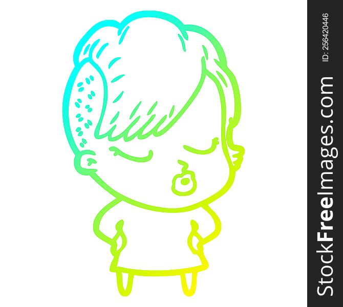 Cold Gradient Line Drawing Cartoon Pretty Hipster Girl