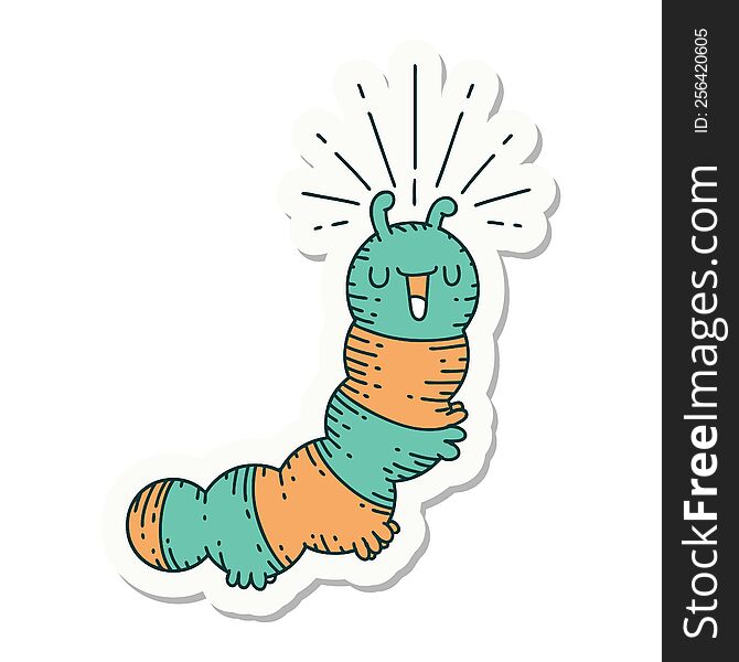 sticker of a tattoo style happy caterpillar