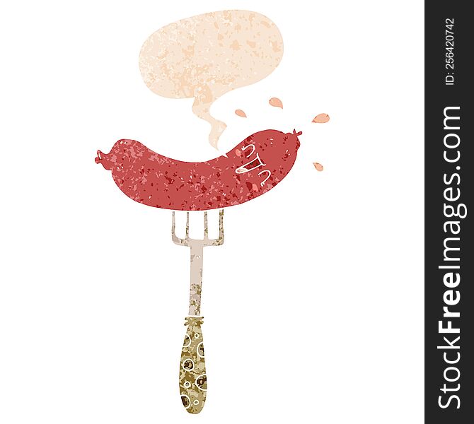 Cartoon Happy Sausage On Fork And Speech Bubble In Retro Textured Style