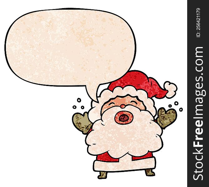 cartoon santa claus shouting in frustration with speech bubble in retro texture style