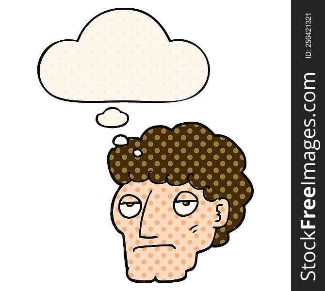 cartoon bored man with thought bubble in comic book style