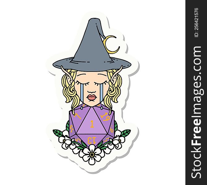 Crying Elf Witch With Natural One D20 Roll Sticker