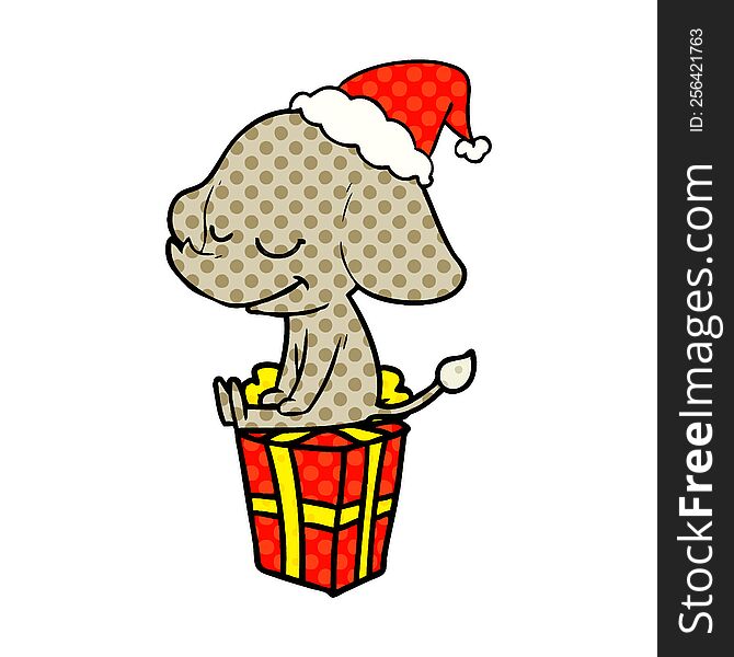hand drawn comic book style illustration of a smiling elephant wearing santa hat