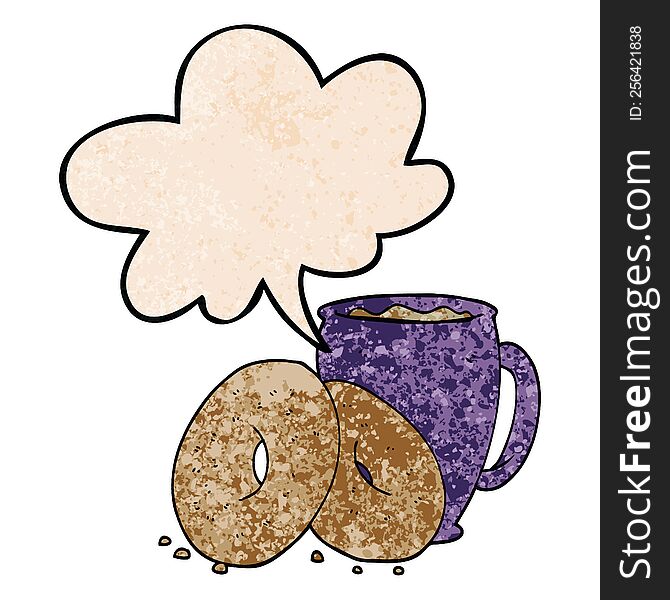 cartoon coffee and donuts with speech bubble in retro texture style