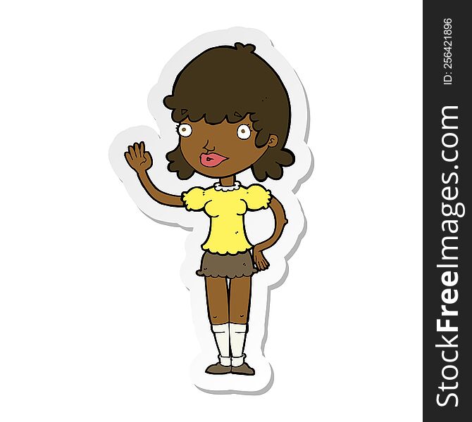 Sticker Of A Cartoon Waving Woman