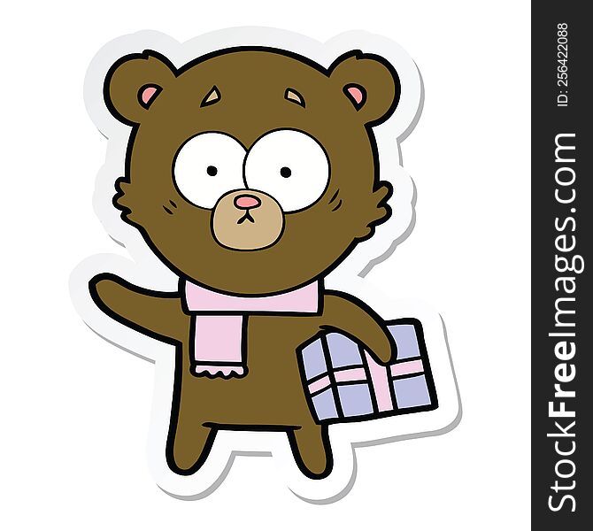 Sticker Of A Nervous Christmas Bear Cartoon