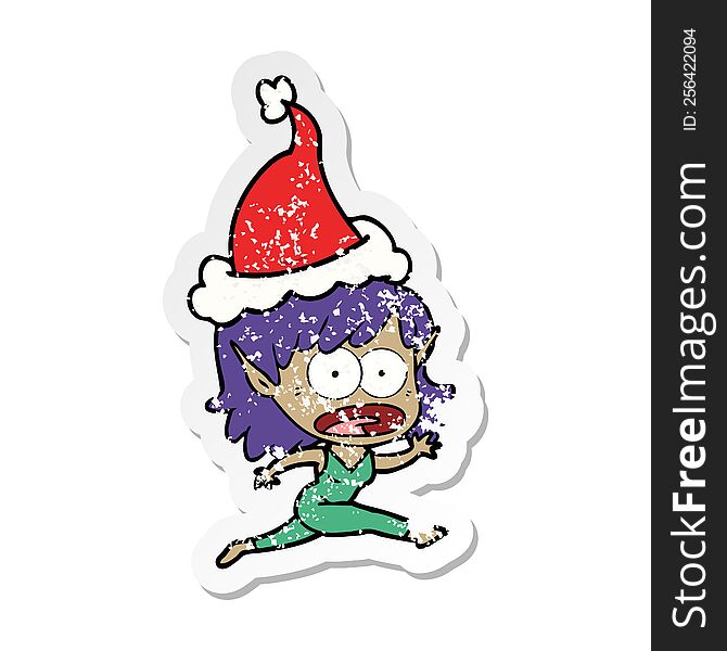 hand drawn distressed sticker cartoon of a shocked elf girl wearing santa hat