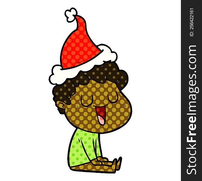 laughing hand drawn comic book style illustration of a man wearing santa hat