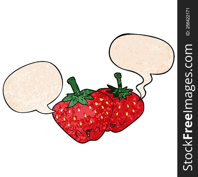 cartoon strawberries with speech bubble in retro texture style