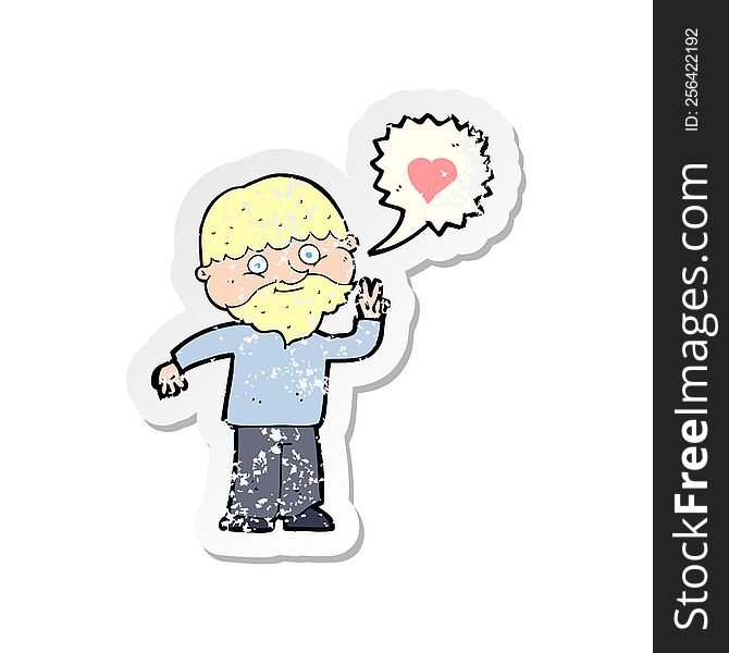 retro distressed sticker of a cartoon man talking about love