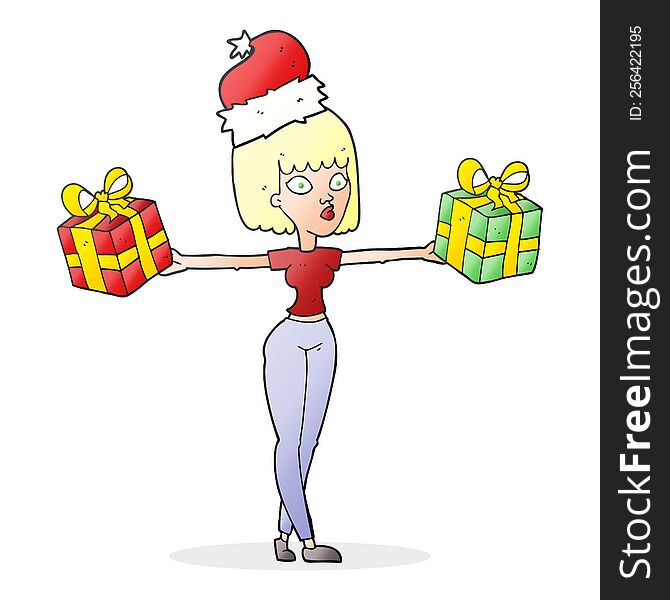 cartoon woman with xmas presents