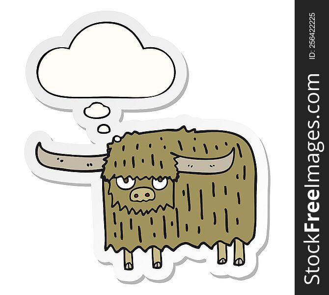 cartoon hairy cow with thought bubble as a printed sticker