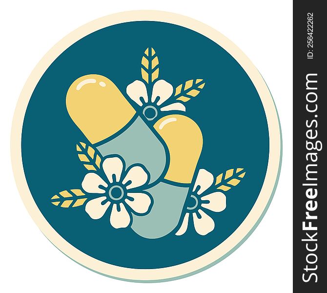 sticker of tattoo in traditional style of pills and flowers. sticker of tattoo in traditional style of pills and flowers