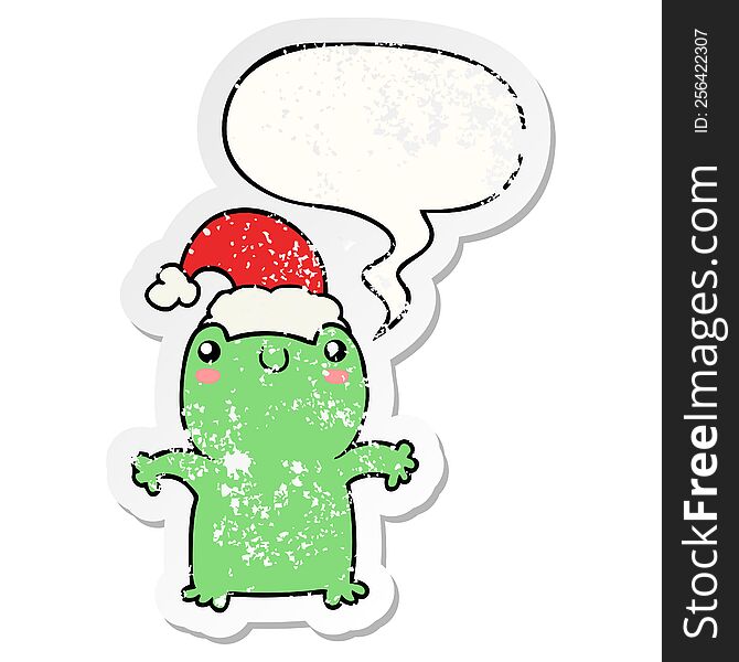 cute cartoon frog wearing christmas hat with speech bubble distressed distressed old sticker. cute cartoon frog wearing christmas hat with speech bubble distressed distressed old sticker