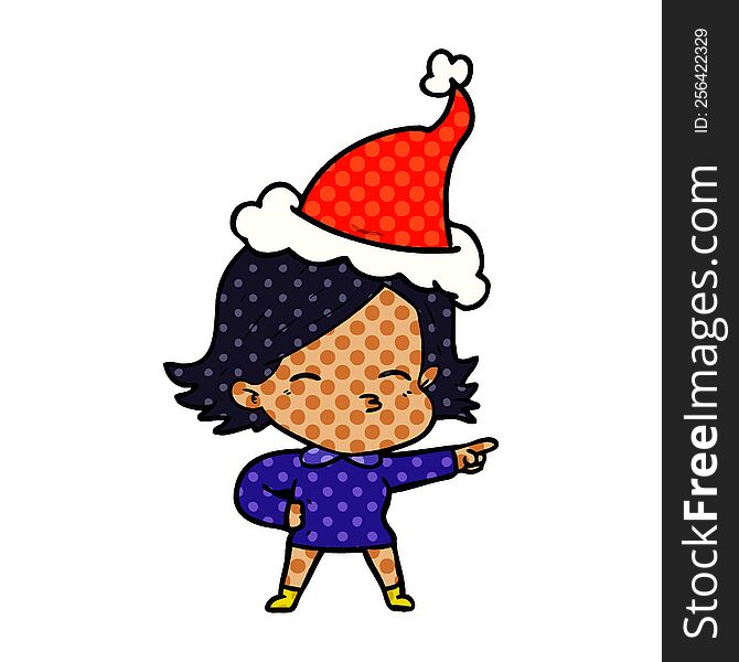 hand drawn comic book style illustration of a woman pointing wearing santa hat