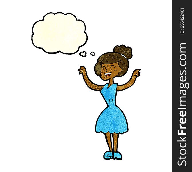 cartoon woman with raised arms with thought bubble