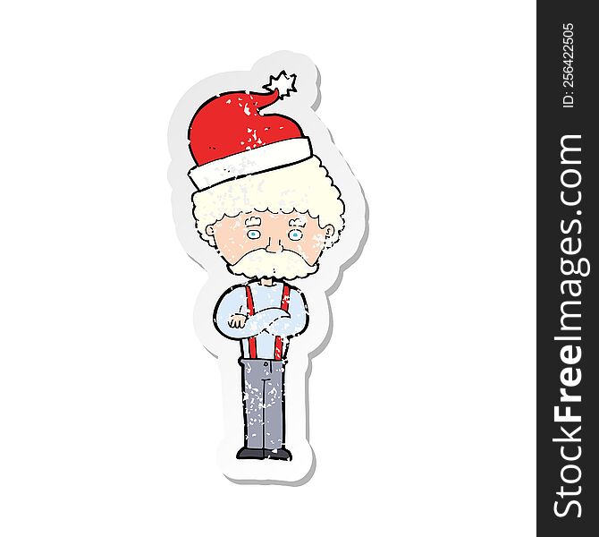 retro distressed sticker of a cartoon old man in christmas hat