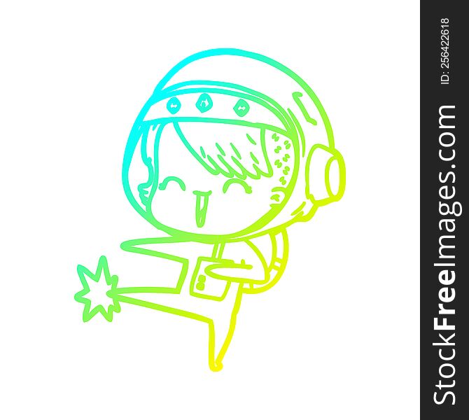 Cold Gradient Line Drawing Happy Cartoon Space Girl Kicking